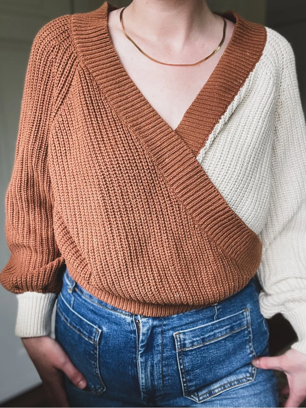 UPWEST Faux Wrap Chunky-knit Sweater - Colorblock - Picture 2 of 4